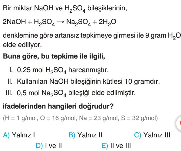 Kimyasal Tepkimelerde Hesaplamalar Test Çöz 10 Sınıf Kimya